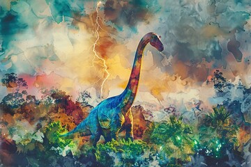 A vibrant watercolor of a single Brachiosaurus, its majestic form standing tall among lush prehistoric vegetation, during a late afternoon thunderstorm