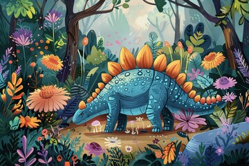 A whimsical illustration of a Stegosaurus engaging in an unlikely friendship with other dinosaur species, set in a magical forest