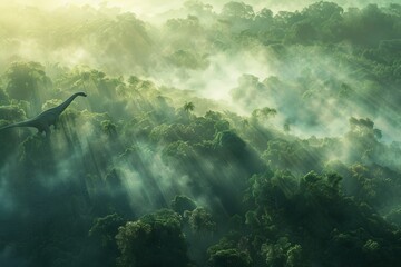 An aerial view of a dense, misty forest at dawn, with a Brachiosaurus herd moving silently through the fog