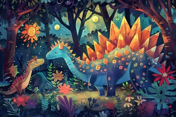 A whimsical illustration of a Stegosaurus engaging in an unlikely friendship with other dinosaur species, set in a magical forest