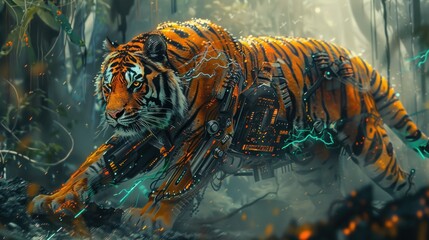 Tiger big cyborg Armor cyberpunk technology future Background wallpaper AI generated image