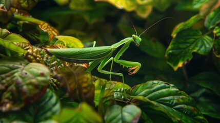 A close-up of a vibrant green mantis camouflaged among leaves, showcasing its intricate body and fascinating camouflage abilities.