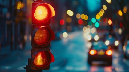 A close-up of a red traffic light, signaling vehicles to stop and ensure safety at a busy urban junction.