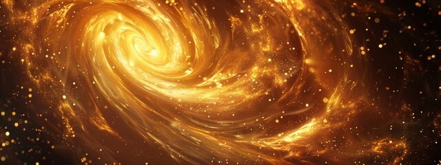 Golden fire background with swirling flames and sparks. The image is a closeup of golden abstract shapes and swirls, creating an atmosphere of mystery and magic.