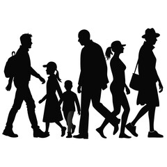 silhouette of group of a people walking on white background