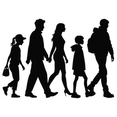 silhouette of group of a people walking on white background