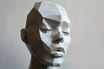 Abstract low poly head sculpture with sharp geometric faceted design for contemporary 3D portraits. Discover modern art of geometric low poly sculpture in sharp faceted portraits. 3D abstract design.