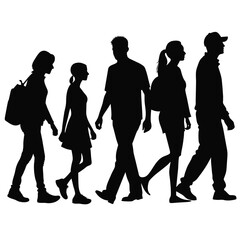 silhouette of group of a people walking on white background