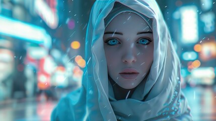 Close up portrait of woman wearing white hoodie and blue eyes on modern cyber street AI generated image