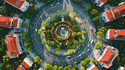 Aerial view of large roundabout with vehicles in motion. Green center surrounded by red-roofed buildings. Cityscape. Dynamic intersection of urban commuting and natural landscape. Sustainable city.