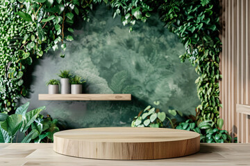 Empty stylish circular wooden podium with a calming green plant wall. Display for high-end fashion and organic products, Merging luxury and wellness. Blend of Nature and Design. Eco-Friendly Displays