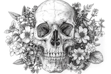 A skull with flowers surrounding it