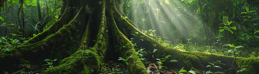 Sunlit mossy tree trunk in dense forest. Spring day in the rainforest. World Environment Day and...
