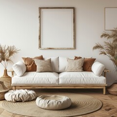 Wooden parquet floor, white sofa with brown pillows and carpet in the background of a modern living room interior with a wooden table and mock up poster frame