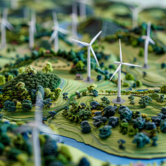 Miniature wind park model. Green landscape with small turbines demonstrating sustainable energy. Wind farm. Sustainable wind energy. Wind turbines and green technology. Renewable energy education.