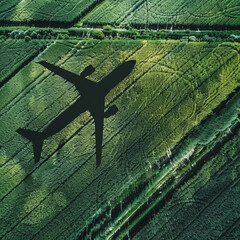 Shadow airplane on green crops, representing decarbonization and sustainable fuels. Biofuel in aviation. Sustainable transportation and eco-friendly flights with biofuel use. Aviation sustainability.