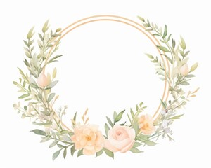 Anniversary wreath with golden rings and roses, romantic cartoon watercolor, hand drawing, minimalist style