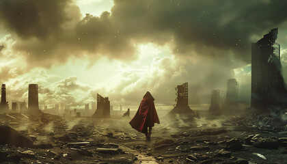 Illustrate a dystopian superhero in a desolate landscape with a long shot view Play with unconventional camera angles to highlight the contrast between their strength and the grim