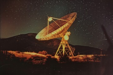 Desolate satellite dish under starry night sky in the desert wilderness landscape, vintage technology concept