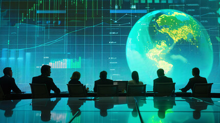Policy makers discussing global economic policy for sustainability, surrounded by graphs showing climate change trends