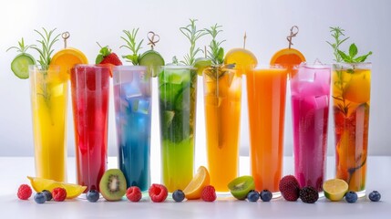 A colorful array of fresh fruit juices in tall glasses, showcasing the vibrant hues and refreshing flavors of natural beverages.