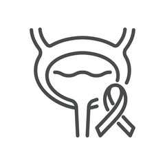 Bladder Cancer Awareness and Support Icon. Line Illustration of a Bladder with Awareness Ribbon, Symbolizing Support for Bladder Cancer. For Health and Patient Support Groups. Isolated Vector Sign.