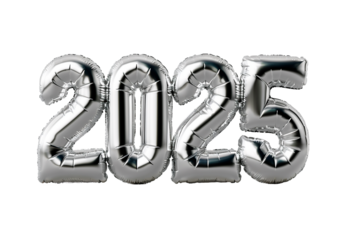 Photo with inflatable silver numbers 2025. Minimalistic balloon isolated on a transparent background