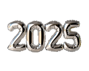 Photo with inflatable silver numbers 2025. Minimalistic balloon isolated on a transparent background