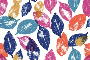 Colorful Leaf Pattern on White Background with Blue, Orange, and Pink Colors Abstract Botanical Design for Backgrounds and Textiles
