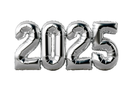 Photo with inflatable silver numbers 2025. Minimalistic balloon isolated on a transparent background