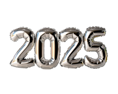 Photo with inflatable silver numbers 2025. Minimalistic balloon isolated on a transparent background