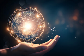 global digital connectivity, where a human hand emerges