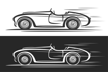 Vector logo for Retro Sport Car, horizontal automotive banners with contour illustration of monochrome concept car in motion, decorative running sporty car without roof on black and white background
