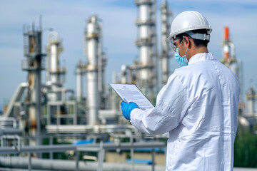 A scientist measuring the environmental impact of industrial pollution, emphasizing the need for stricter environmental regulation