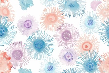 Watercolor Floral Seamless Pattern with Blue, Pink, and Purple Flowers on White Background