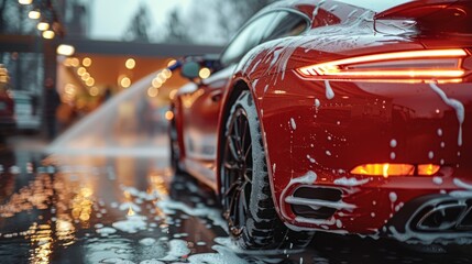 Expert Car Detailer Cleaning Red Modern Sports Car with Pressure Washer