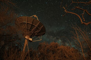 Satellite dish under starry night sky in the middle of a field