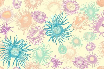 Colorful Sea Urchins Seamless Pattern on Beige Background Vibrant Underwater Design for Textiles and Print Materials
