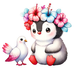 Obraz premium A cute penguin wearing a flower crown is sitting next to a pink bird