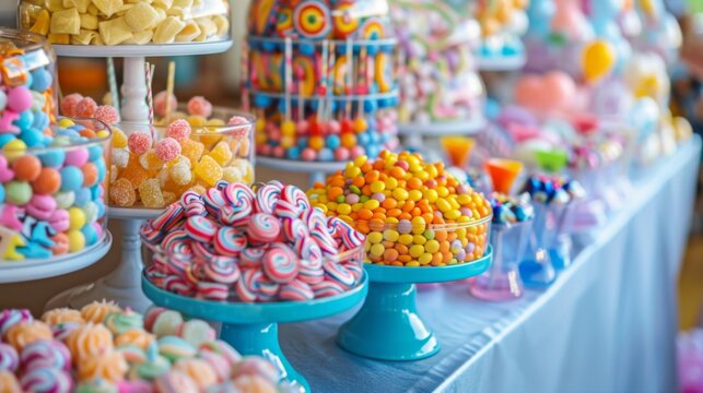 A colorful candy buffet table at a birthday party, inviting guests to indulge in a variety of sugary delights and sweeten the celebration.