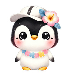 A cute penguin wearing a hat and lei is ready for a luau.