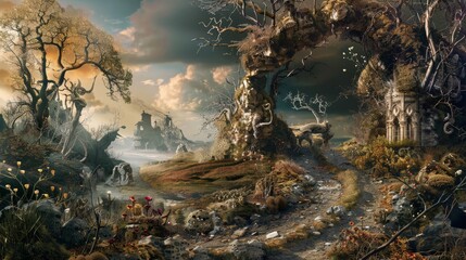 A surreal landscape blending elements of nature with fantastical features, creating an imaginative and otherworldly setting.