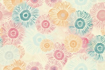 Fototapeta na wymiar Colorful Floral Pattern on Beige, Pink, Blue, and Orange Background, Vibrant and Cheerful Botanical Design for Backgrounds and Textiles