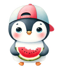 A cute penguin wearing a red hat is eating a watermelon. The penguin is standing on a white background. The image is drawn in a cartoon style.