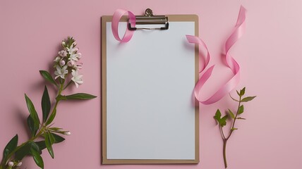 Clipboard with blank paper, flower and leaves, ribbon on pink colour background