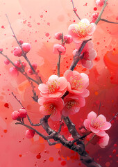 A painting of a pink flower with red splatters on it