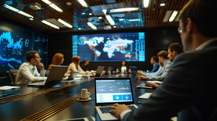 Investors in a conference room analyzing global investment strategies with laptops showing international finance data