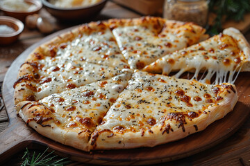 A cheese pizza, with strings of melted mozzarella stretching from slice to mouth.