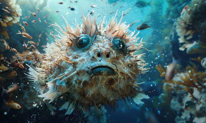 The puffer fish is on its way to dive for fish. Generated by AI