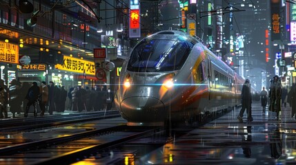 Cyberpunk modern fast train with future technology stops at the station background wallpaper AI generated image